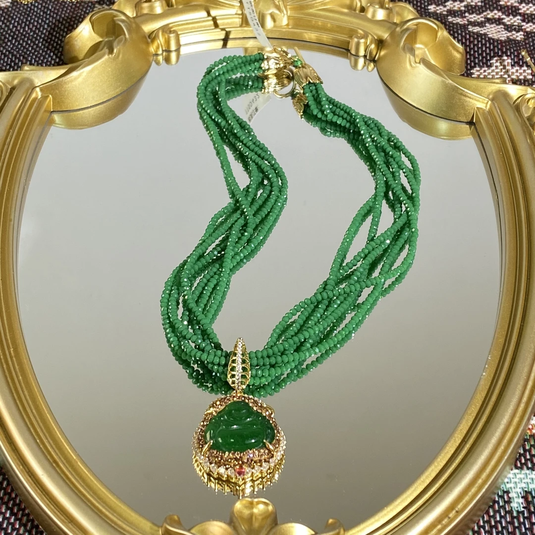 铜合金合成锆石项链 TTSD 绿色佛公设计款气质国风项链 432