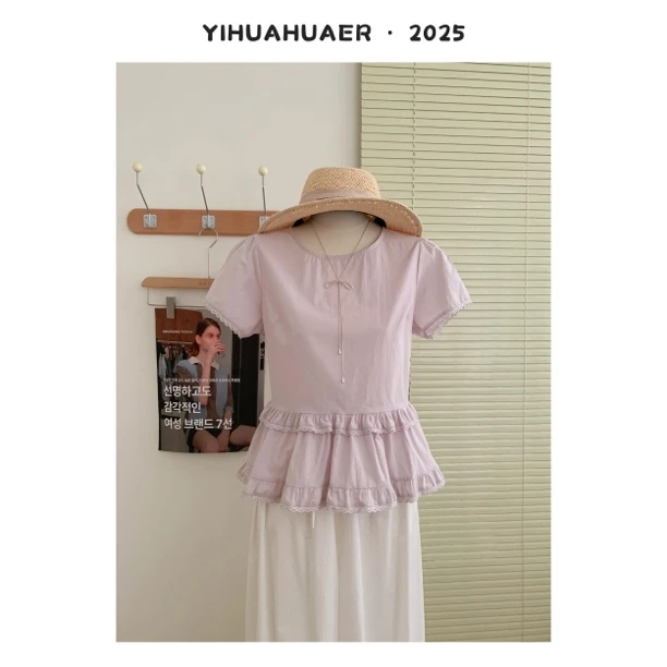 东大门韩系时尚百搭宽松蕾丝花边拼接短袖衬衫女夏季上衣小衫3380