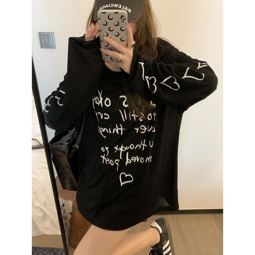 韩系印花字母长袖宽松个性潮流显瘦慵懒甜美露肩显瘦防晒衫T恤女