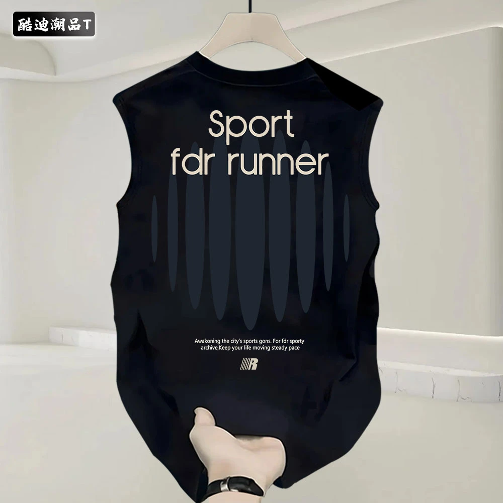 新款复古港风个性印花纯棉男女款圆领宽松无袖坎肩背心百搭休闲T