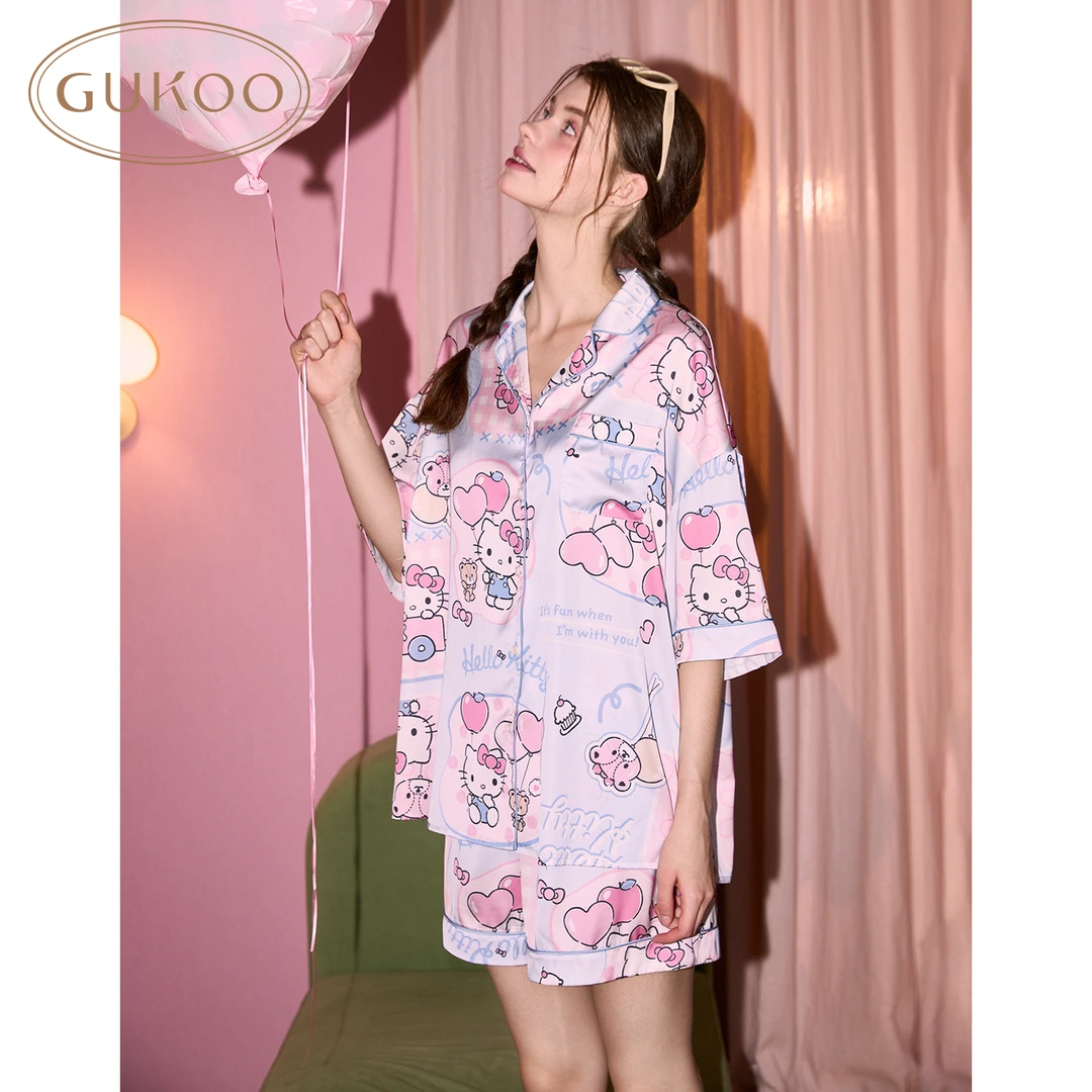 【Gukoo果壳】HelloKitty家居服套装夏季女士甜美满印短袖冰丝套装