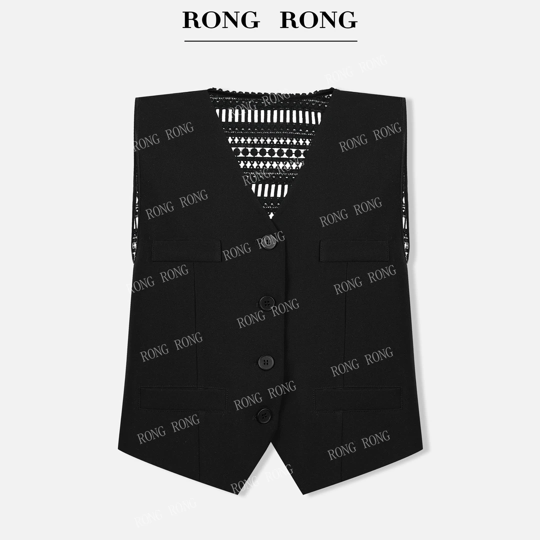溶溶【灵动结构】RONGRONG V领立体剪裁拼接钩花镂空蕾丝马夹25C855