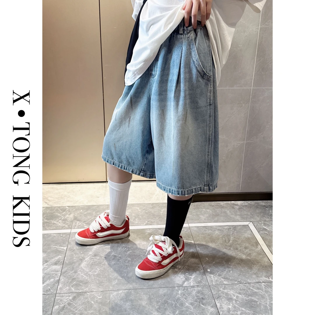 【X•TONG】夏季阔腿宽松擦色牛仔中裤 8071