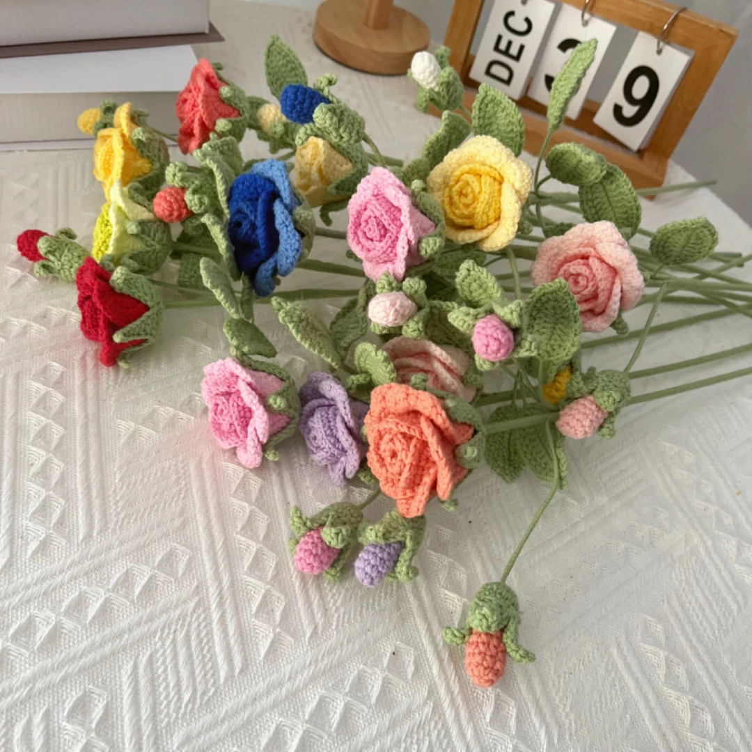 毛线针织花编织仿真花蔷薇花钩针成品玫瑰花520女友情人节牡丹花