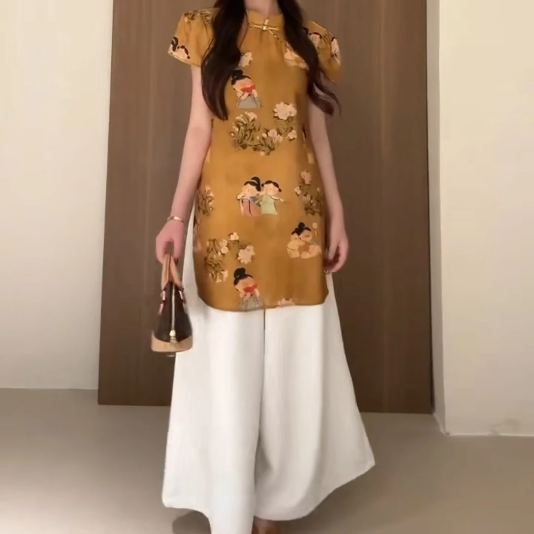 新中式盘扣旗袍上衣+阔腿裤两件套女欧货2025年夏季新款时尚套装