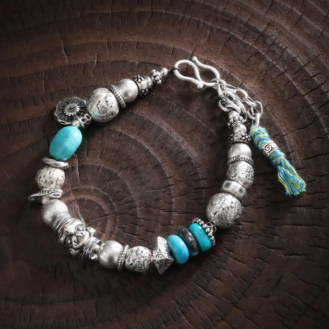 925银手链 S12292太阳圆牌鲲鹏桶珠蓝色珠银珠手链复古个性民族风