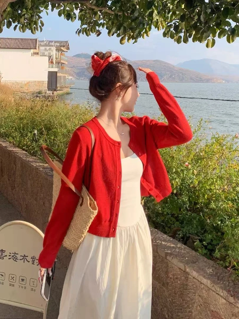 秋冬新款红灰格子短款长袖毛衣（建议干洗）MZ0101