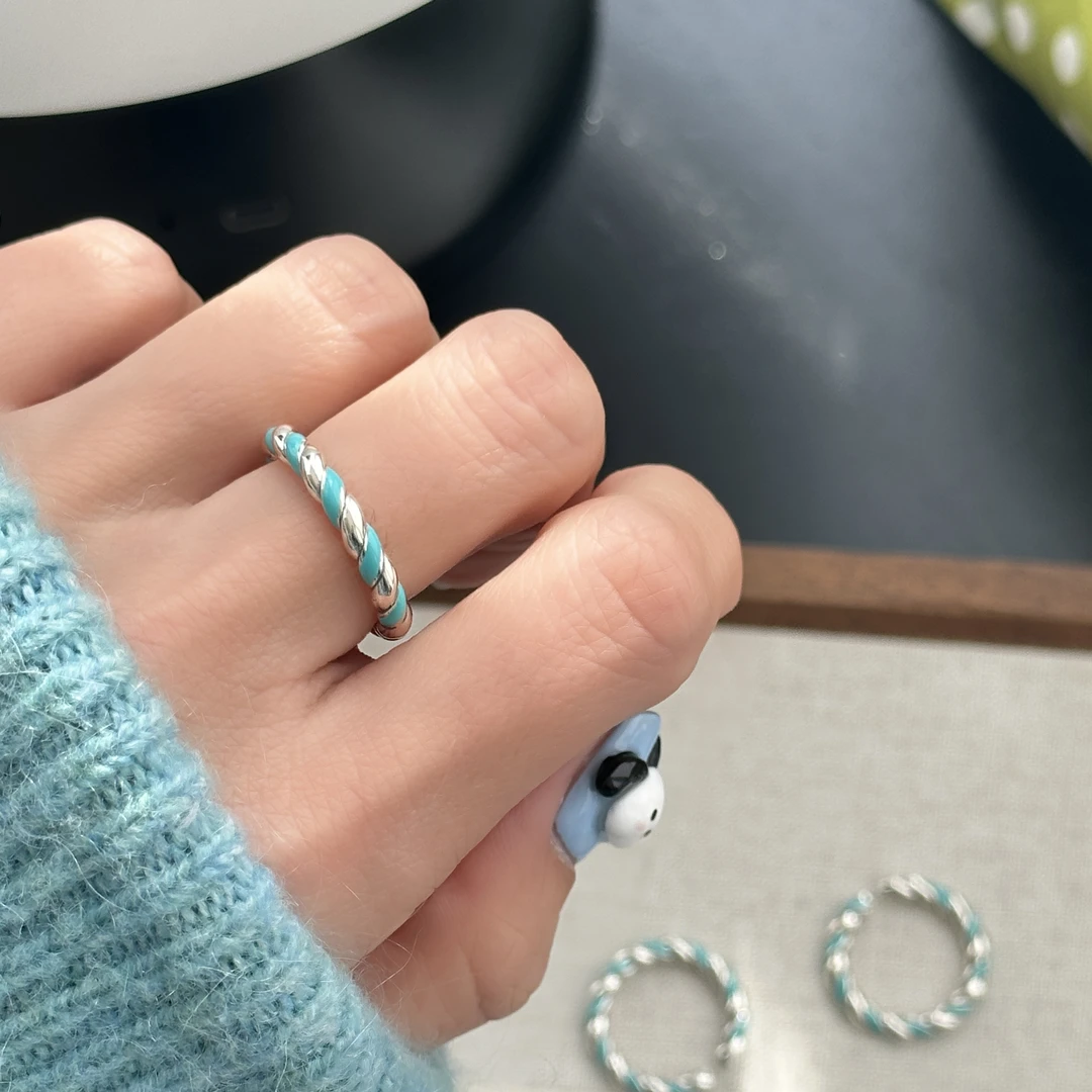 925银戒指 ins风时尚简约百搭气质女蓝色麻花戒指 3784