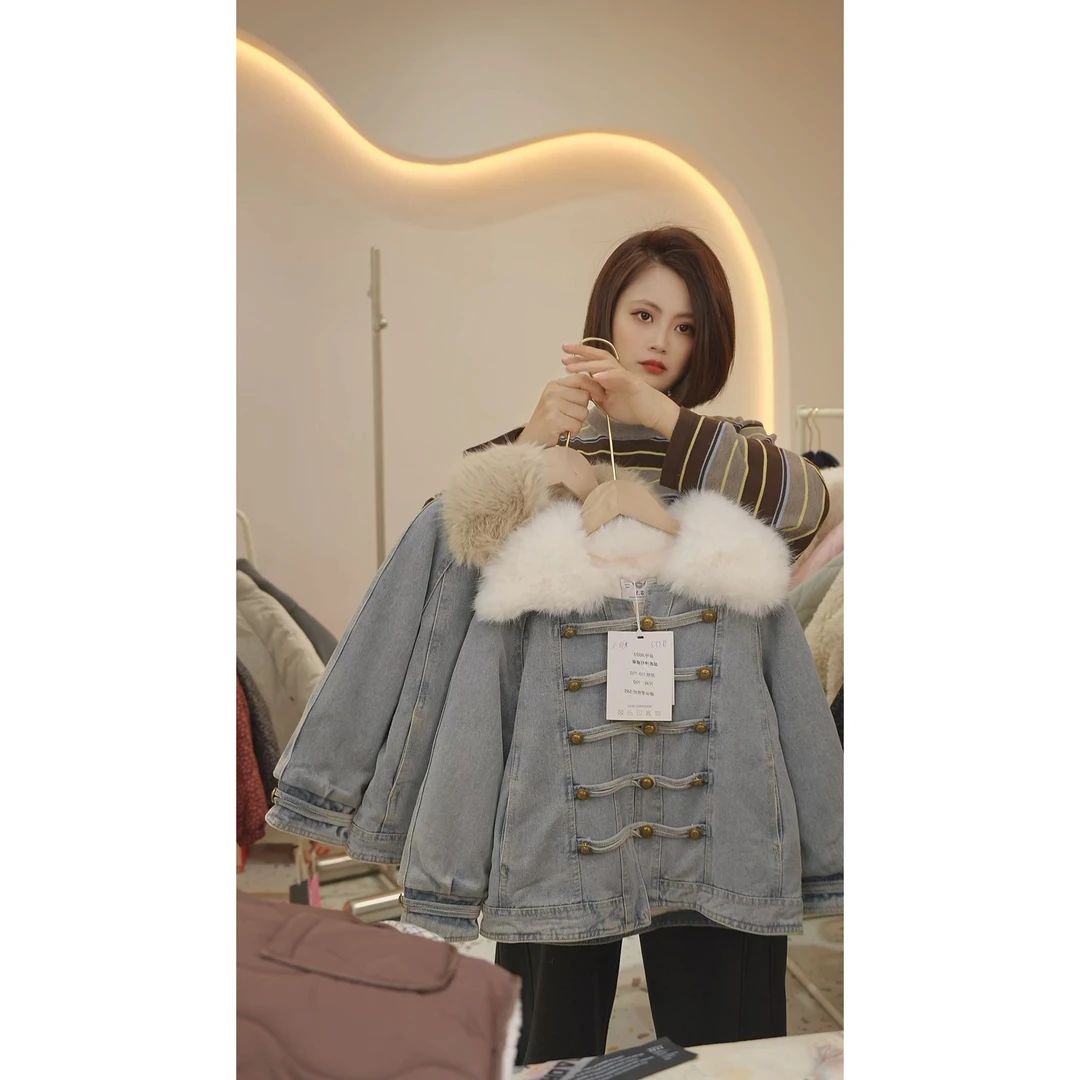 现货Q372女童冬季加绒加厚韩版翻领棉服牛仔外套