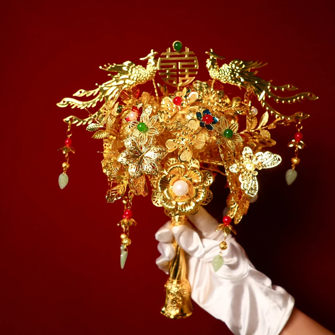 黄金色手捧花新娘结婚闺蜜礼物婚礼diy高级团扇手工中式秀禾新婚