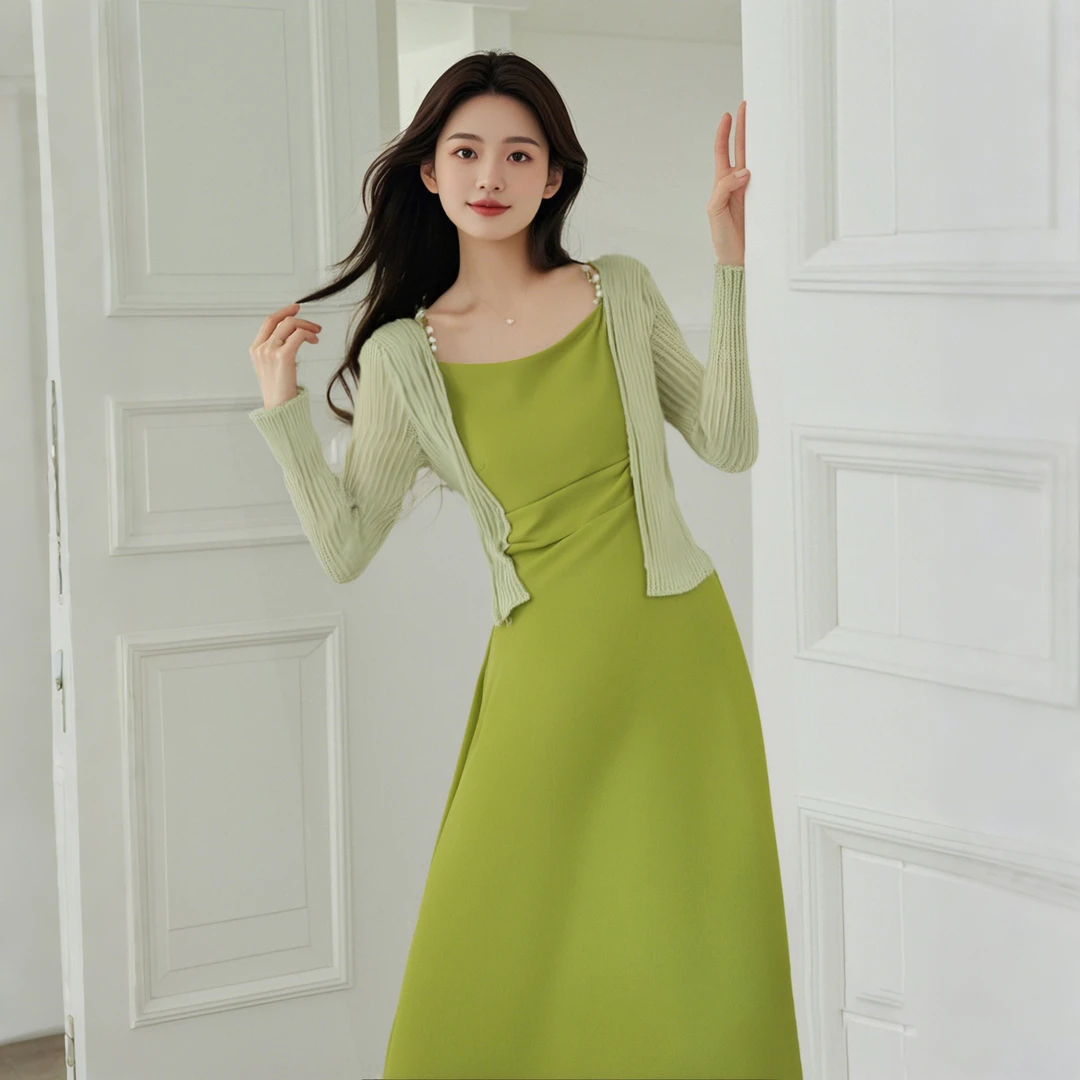 【四色】长袖针织外套连衣裙两件套显瘦春季日常优雅女神范穿搭6904