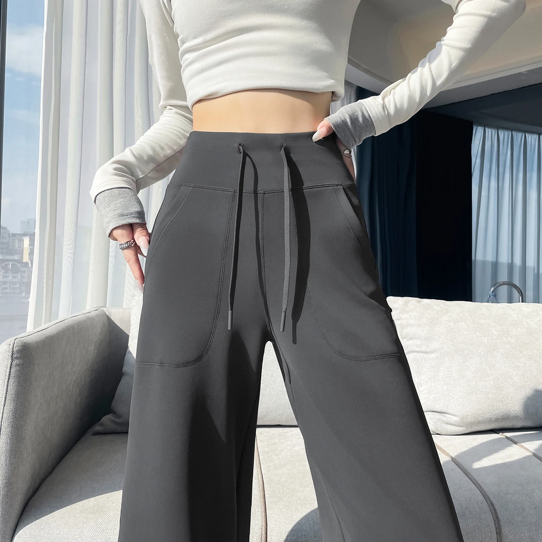 灰色窄版阔腿裤女秋冬2025新款高腰显瘦休闲宽松加绒直筒运动裤子