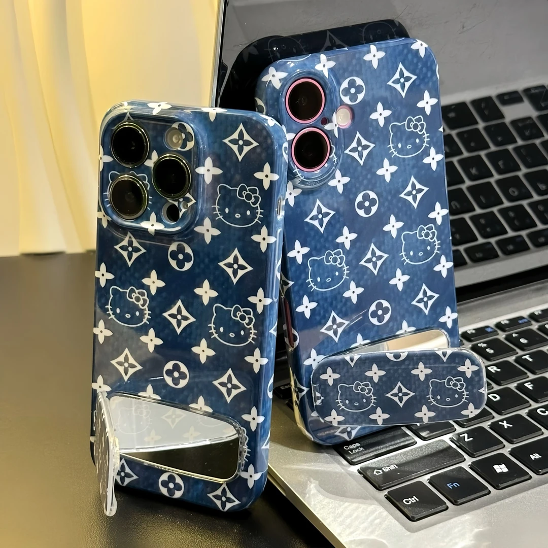 牛仔蓝KT猫支架适用苹果16promax手机壳iPhone15华为oppo小米vivo