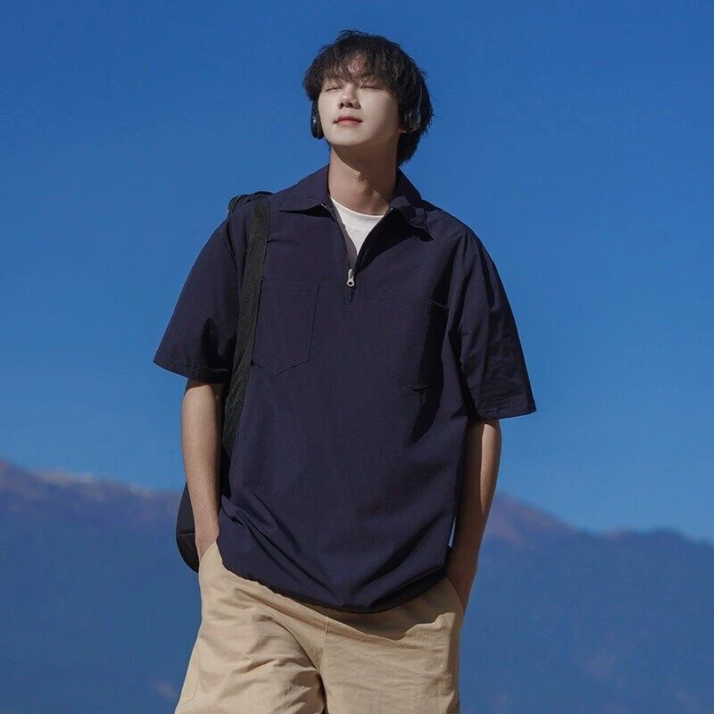 复古休闲潮牌半拉链款短袖港风宽松时尚ins风上衣男士百搭夏季
