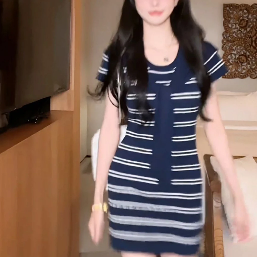 披肩两件套女装条纹短袖连衣裙宽松显瘦气质裙子法式慕子A字