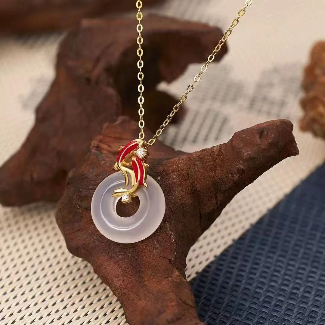 纯银925好事成双上岸天然玉髓锦鲤平安扣项链