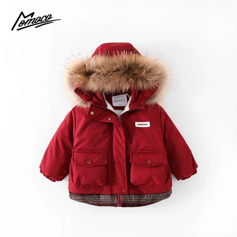 MOMOCO冬季新款男女童时尚洋气宽松加厚红色连帽棉服77480101004