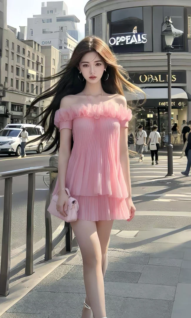 新款时尚温柔甜美风粉色一字肩挂脖设计感连衣裙女温婉端庄大气