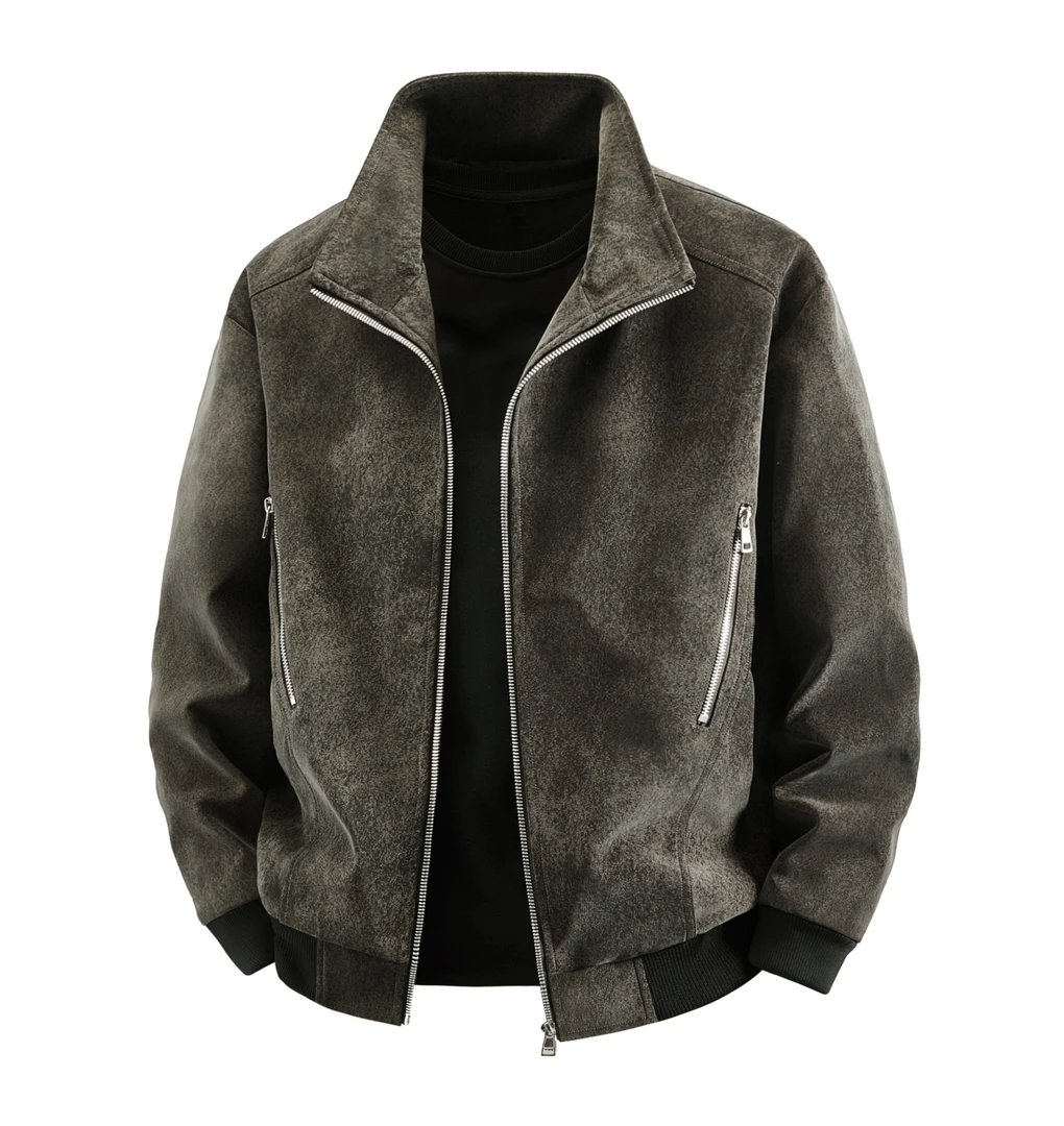 大码皮夹克男士夹克外套春秋不起球上衣保暖秋季立领轻奢螺纹下摆