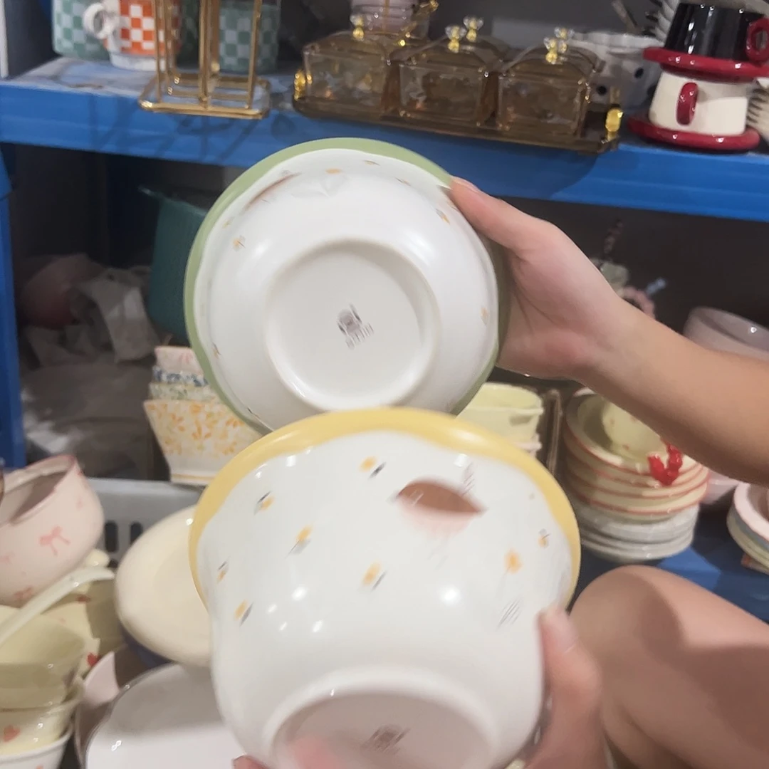 瓷片鸟语花香6寸碗绿色黄色微瑕