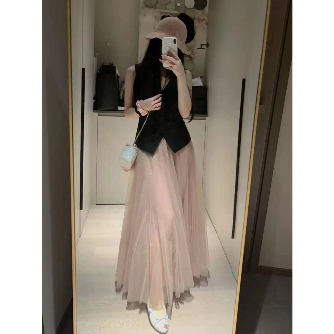 粉色a字纱裙女春秋季新款欧货高腰垂感中长款网纱半身裙超仙伞裙
