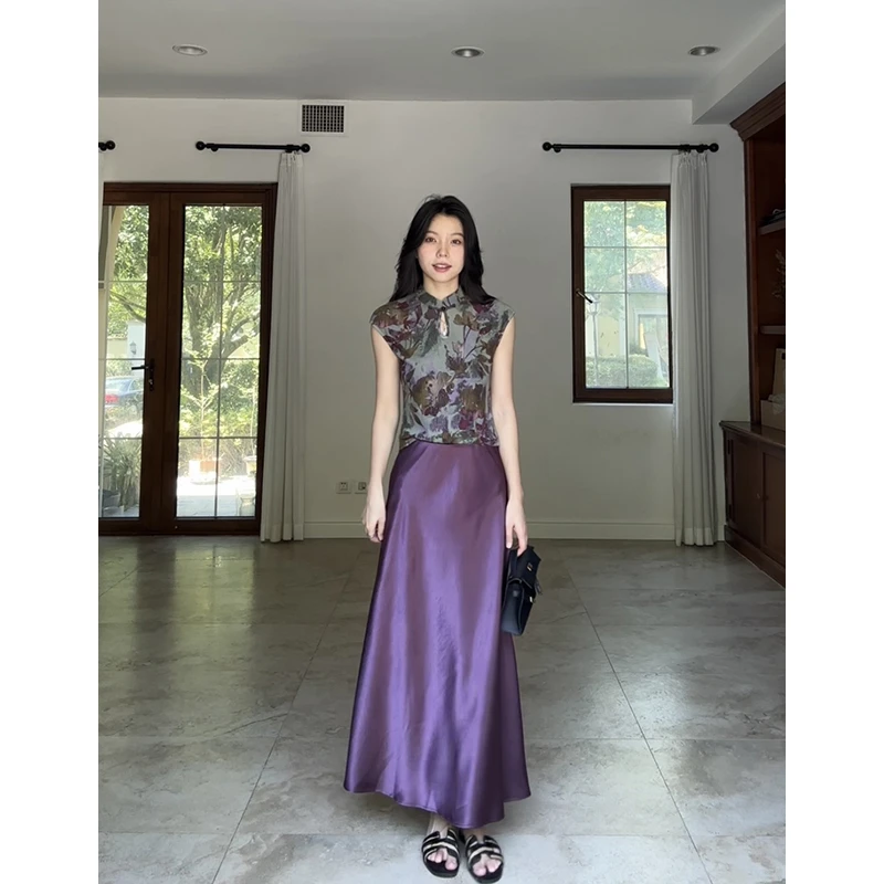 郭九九呢 新中式国风盘扣修身显瘦上衣宽松缎面半身裙 G925A11158