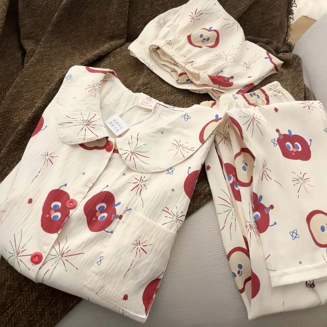 可爱卡通烟花小苹果睡衣女夏季梭织短袖短裤长裤三件套薄款家居服