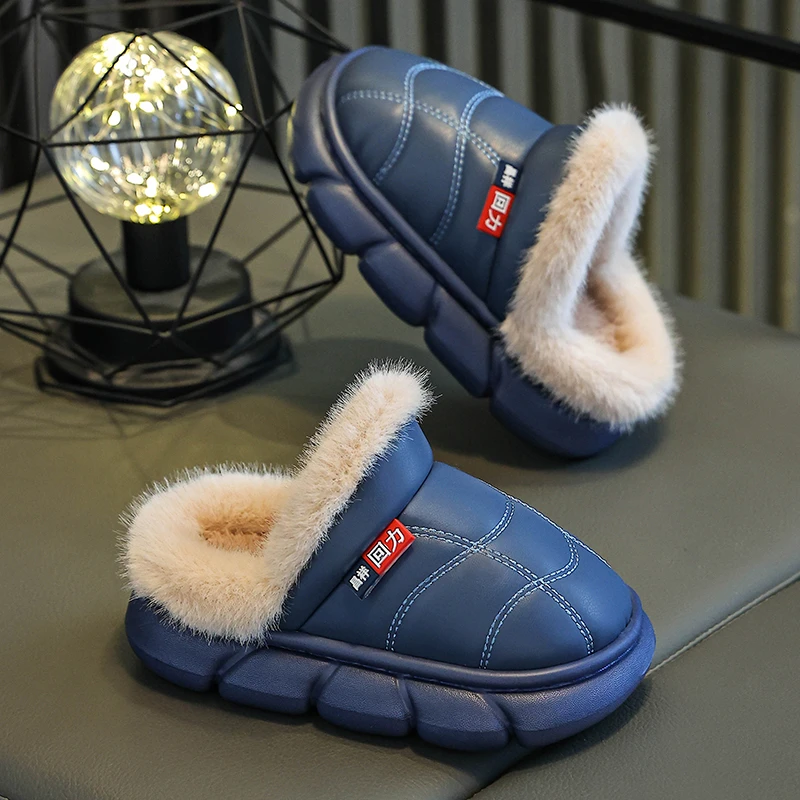 儿童棉拖鞋男童pu皮防水冬季女孩防滑宝宝外穿居家鞋亲子宝宝棉鞋