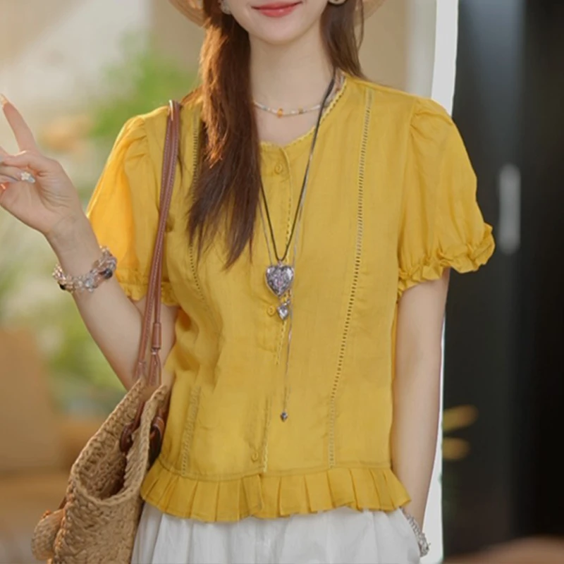 法式蕾丝拼接姜黄色短袖衬衫女2025夏季新款洋气显瘦百搭减龄上衣