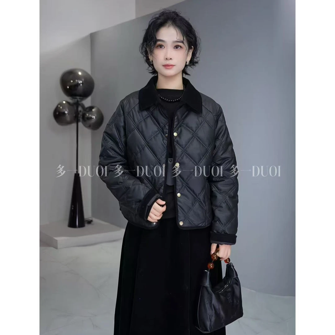 多一“巴恩”2024冬季复古菱格暗扣设计可脱卸领洋气时髦保暖棉外套