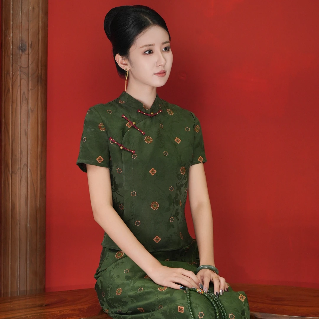 玉家人【勐婳】香云纱（锦禾）提花花螺新中式夏季修身国风短袖上衣