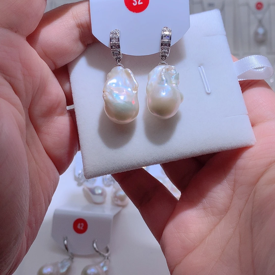 耳饰银S925镶嵌淡水珍珠CC