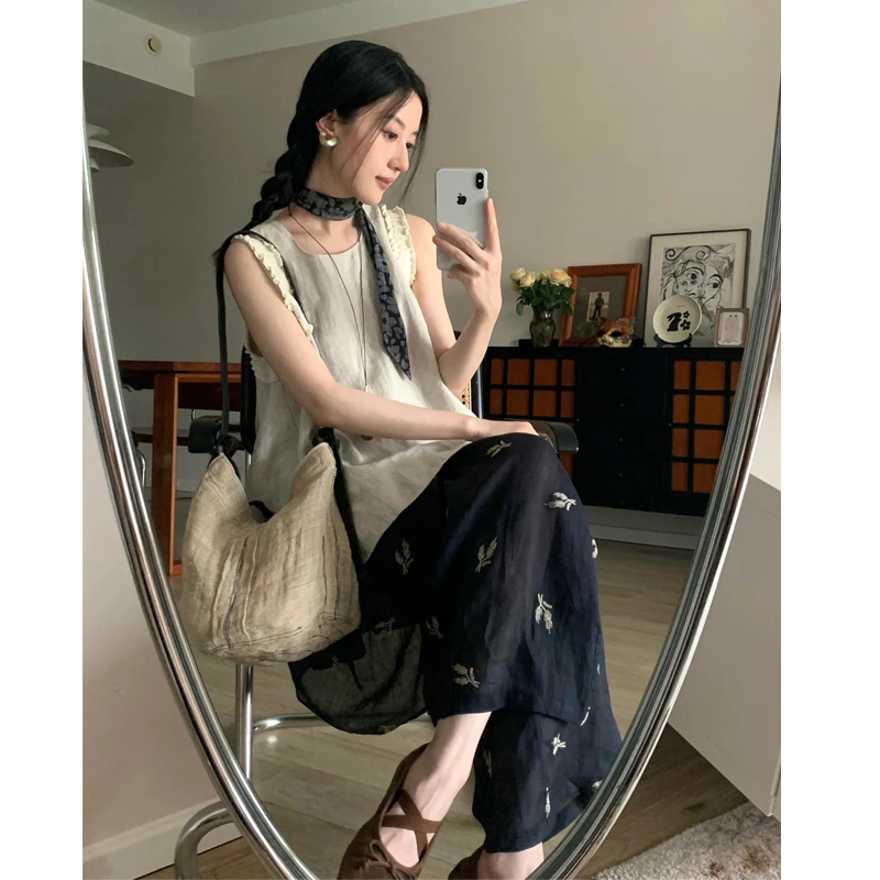 吊带减龄直筒小众背心时尚套装夏季阔腿裤套装复古