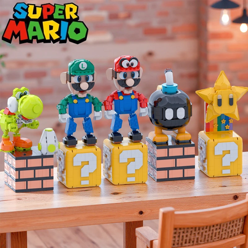 创意拼搭积木问号盒游戏超级马里奥角色DIY玛丽兄弟潮玩桌面摆件