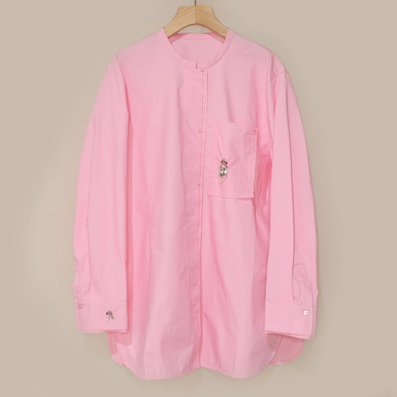 【粉色钉珠】松弛感百搭圆领廓形衬衫女宽松休闲长袖女士上衣