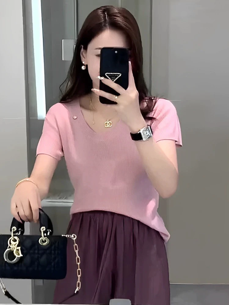 1122#圆领冰丝短袖t恤女士夏季2025新款爆款时尚洋气薄款针织上衣