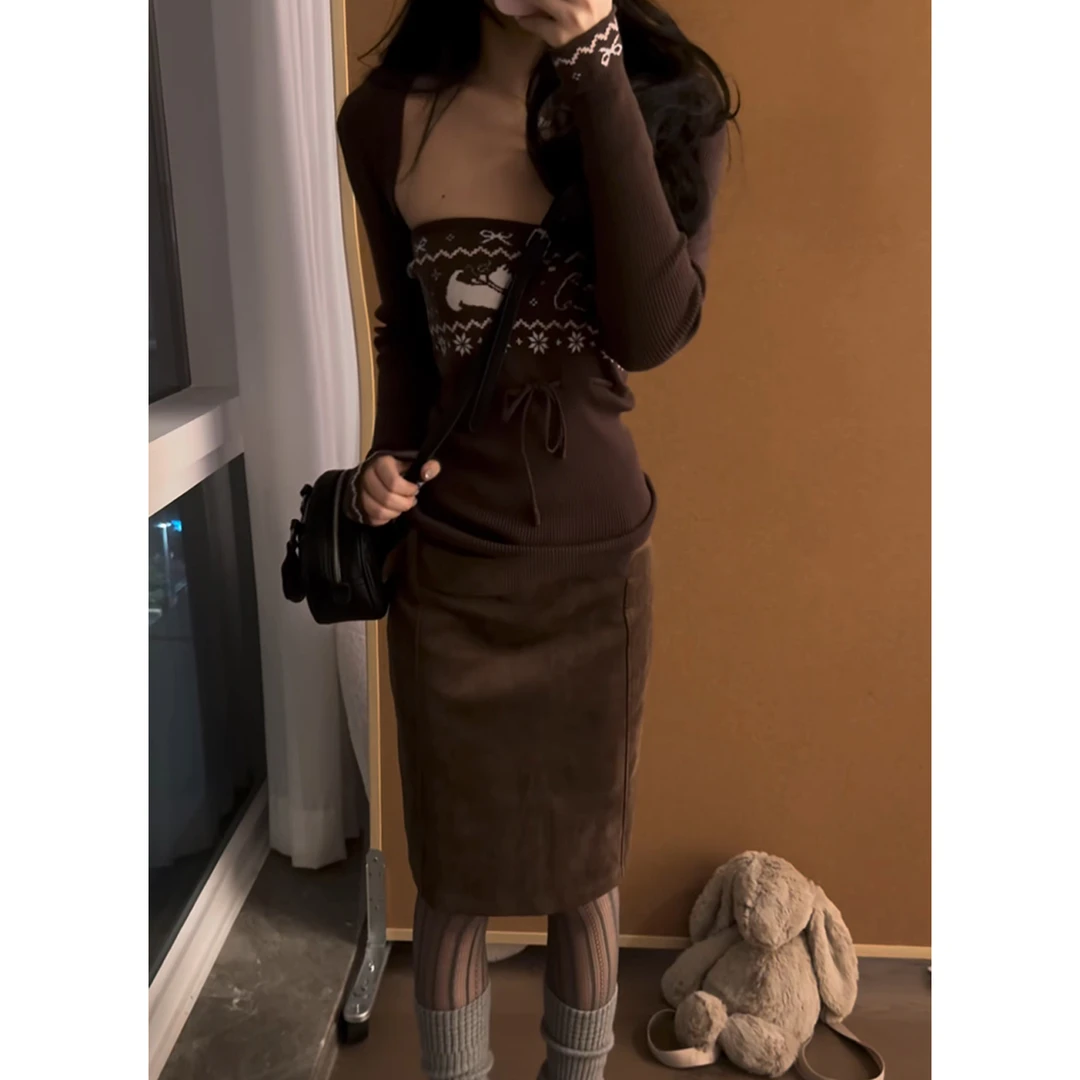 2026超火独特漂亮冬装一整套费尔岛毛衣针织开衫吊带上衣两件套装