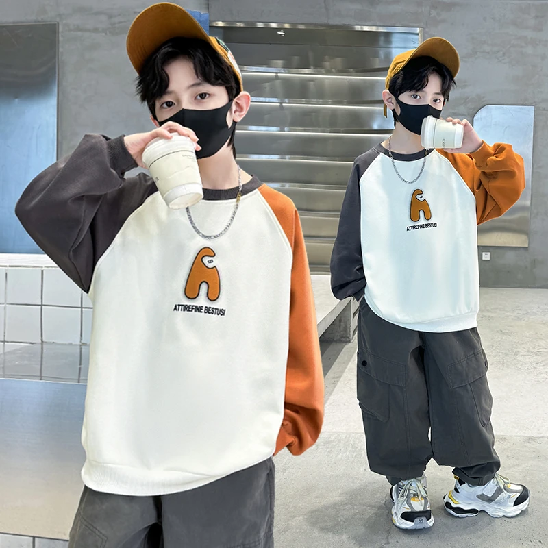 男童卫衣春秋2025新男中大童休闲男孩帅酷洋气韩版时髦拼接潮流T