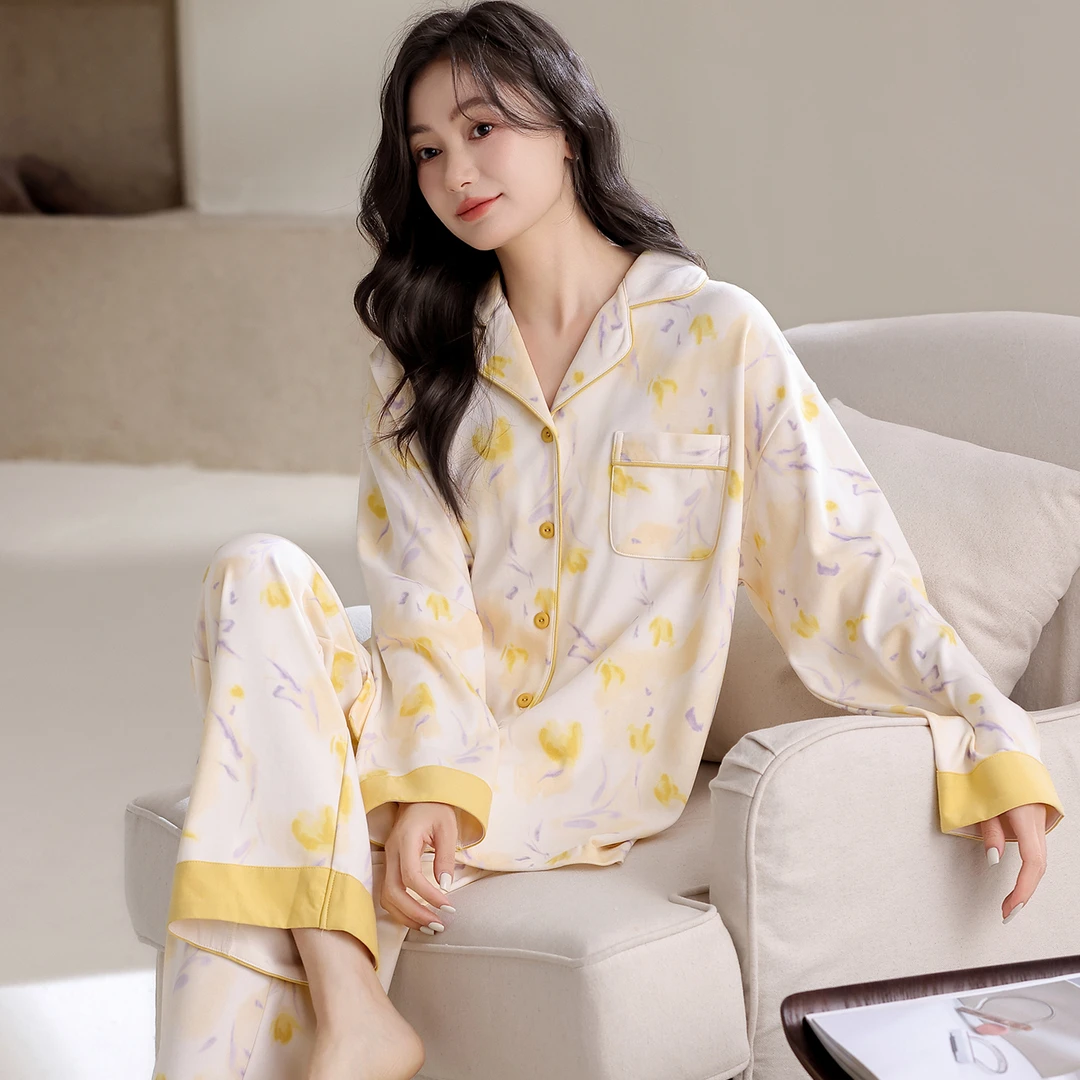 休闲慵懒风睡衣女春秋纯棉长袖长裤开衫柔软细腻可出门家居服套装