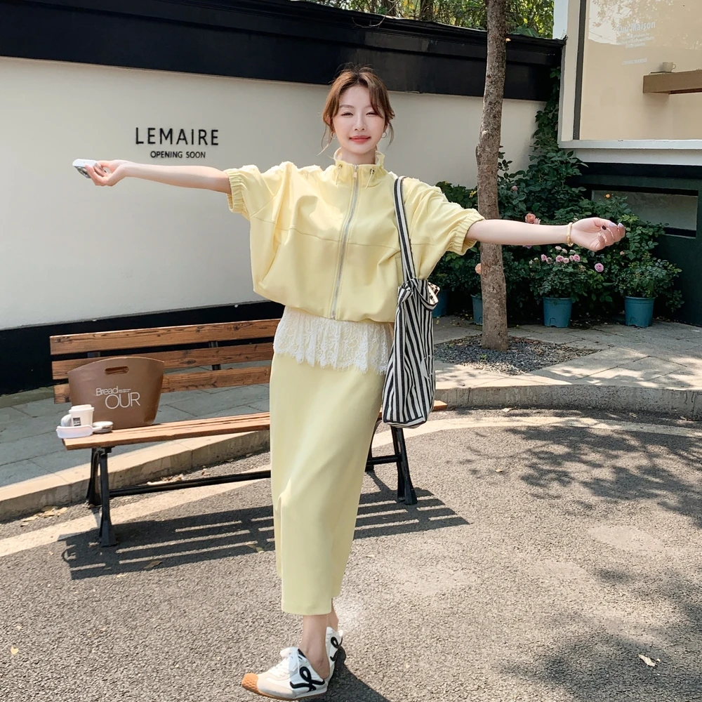 休闲春夏季新款时尚套装拼蕾丝立领短袖卫衣+中长款半身裙两件套