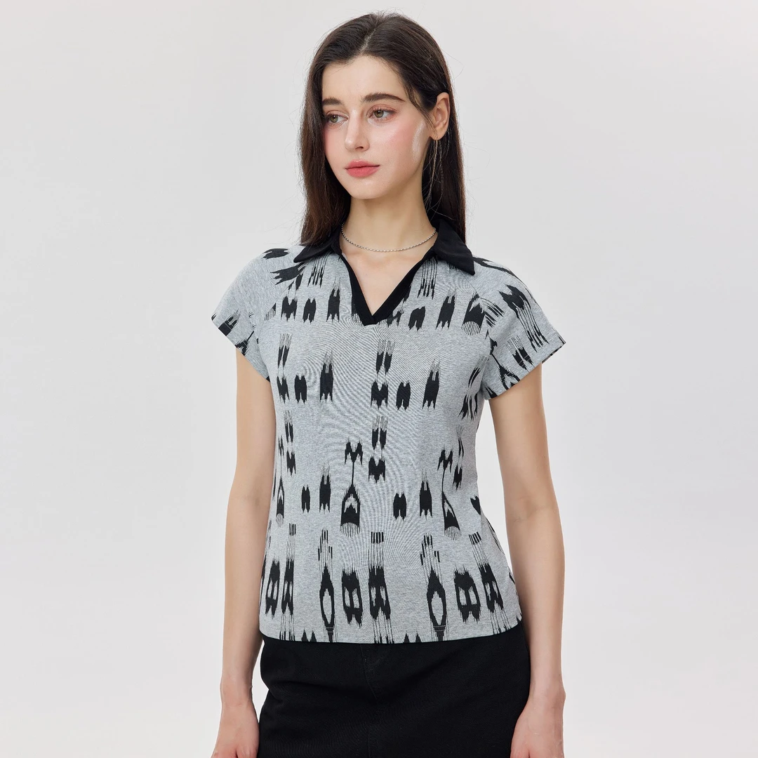 BH-BLACK新疆民族风艾德莱斯Atlas女上衣翻领满印女款短袖