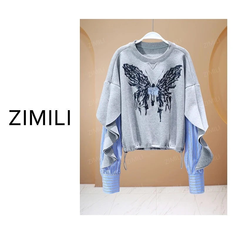 【亮哥女装】2025秋冬新品《铅笔》灰色拼接衬衫假两件卫衣5061