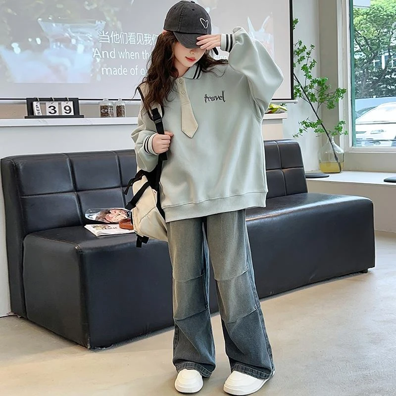 女童卫衣春秋款2025新款儿童韩版洋气翻领秋装大童秋季长袖衫