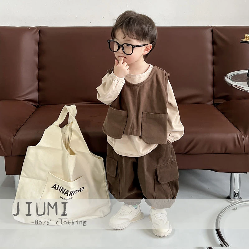 男童秋装套装中小童个性复古马甲休闲卫衣儿童工装裤三件套童装潮