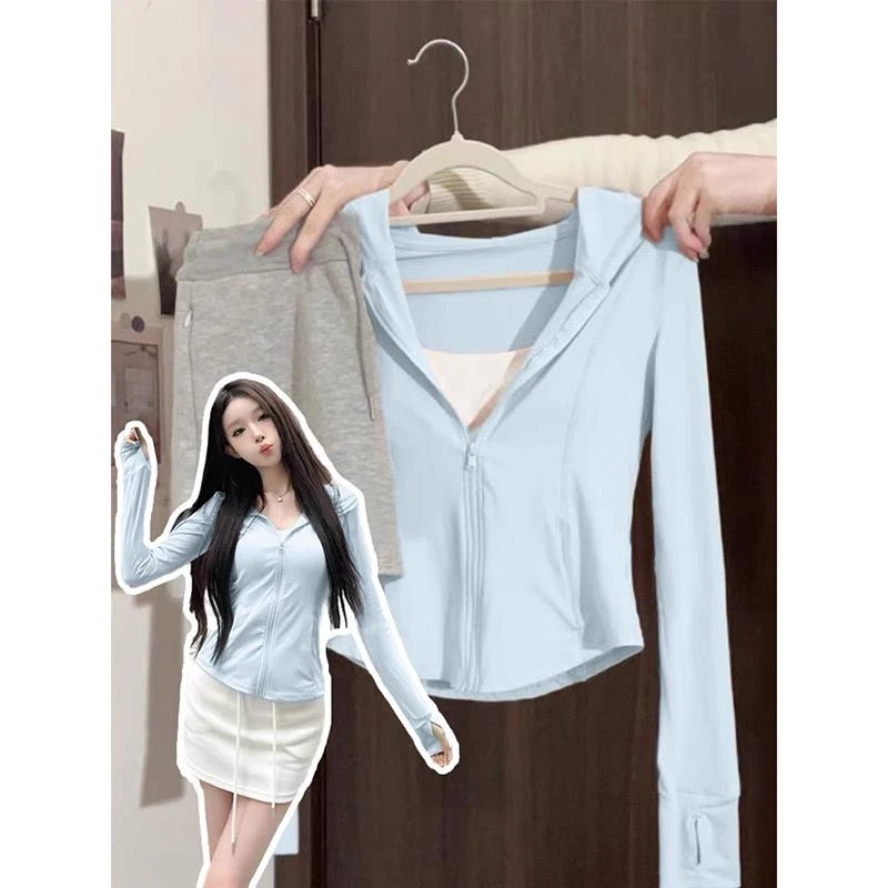 蓝色冰丝防晒衣女款2025新款夏季瑜伽服修身短款上衣薄外套短开衫