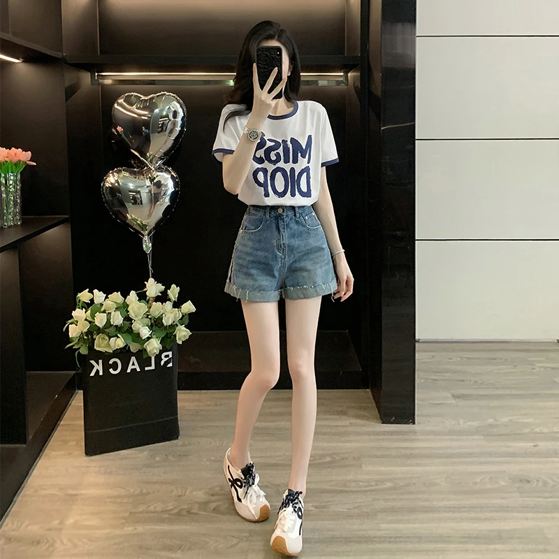 白色撞色t恤女短袖正肩夏季宽松上衣牛仔短裤女薄款a字阔腿热裤子