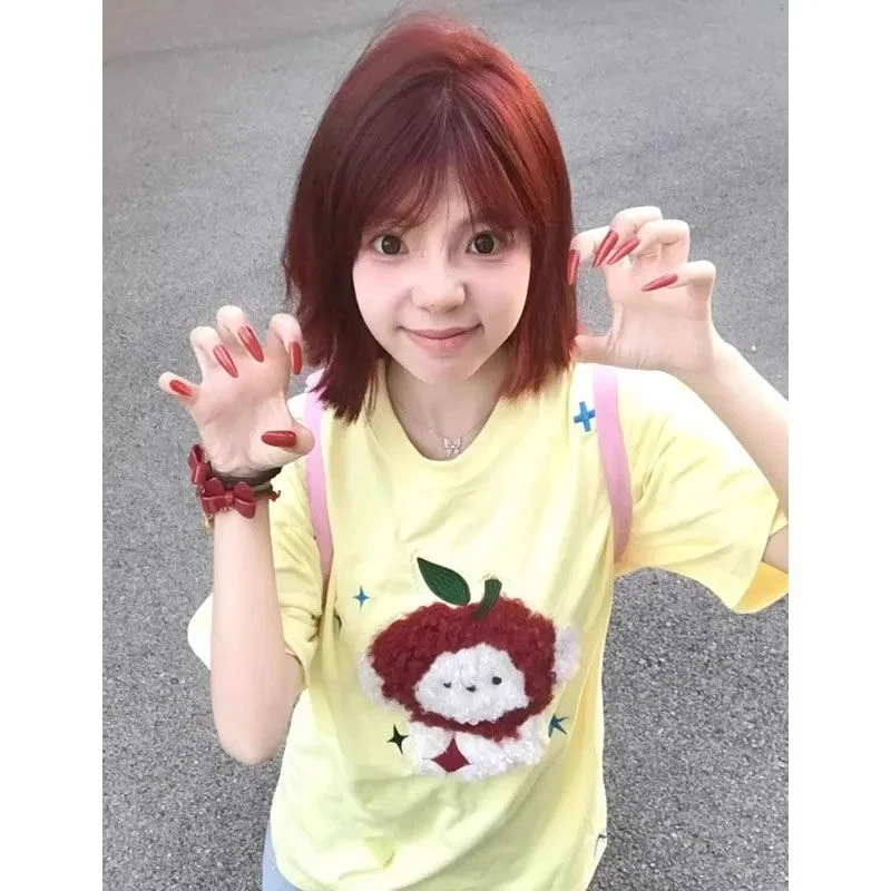 奶黄色甜美刺绣短袖T恤女夏季宽松小个子可爱减龄韩系纯棉上衣潮