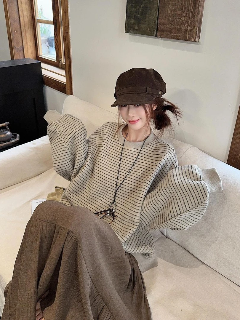 【Ins条纹卫衣】主播自留款兔绒圆领套头卫衣秋冬加厚长袖上衣女