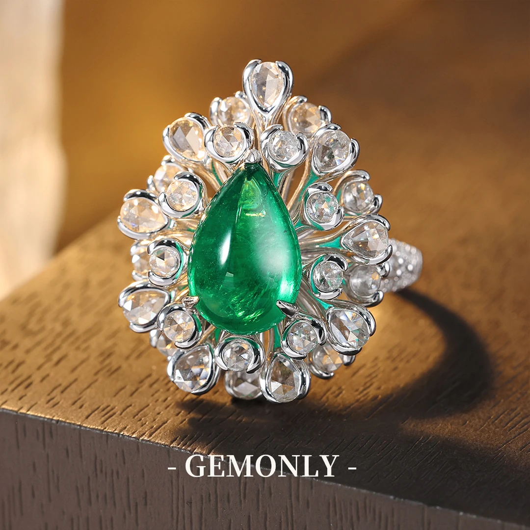 GEMONLY｜18K金天然祖母绿戒指3.74ct素面水滴颜色浓郁优雅奢华