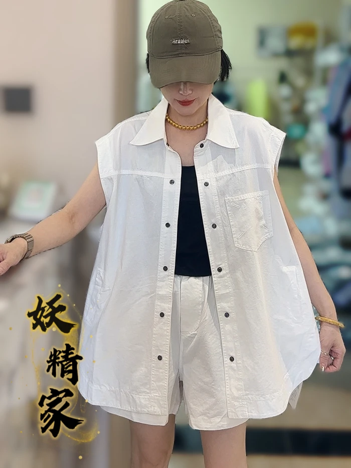 3739【妖精家】夏季时髦简约POLO领工装马甲阔腿短裤欧货套装潮